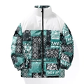 Blue and white color-block padded jacket with graphic tiger and slogan prints - S / Green