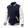 Classic navy varsity jacket with white PU leather sleeves and striped ribbed trims - Dark Blue