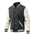Mens fashion varsity jacket with grey wool body and white faux leather sleeves - Gray