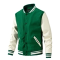 Green wool varsity jacket with cream white PU leather sleeves and American vintage style - Green
