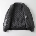 Men's black PU leather biker jacket featuring quilted diamond lining and ribbed cuffs - M / Black Padded