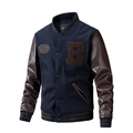 Navy wool bomber jacket with brown leather sleeves and varsity patches for men - M / Dark Blue