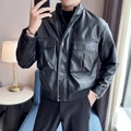 Men's black casual faux leather jacket with multi-pocket design and standing collar - M / Black