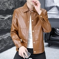 Chaqueta de cuero PU marrón para hombre con cuello de solapa y botones metálicos casual - M / Estándar / Amarillo Tierra