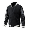 Classic black varsity jacket with PU leather sleeves and striped ribbed trim details - All Black