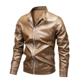 Brown faux leather biker jacket for men with slim fit design and quilted shoulder detail - M / Earthy Yellow