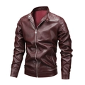 Slim fit men's burgundy PU leather motorcycle jacket with stand collar and quilted detailing - M / Burgundy