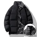 Men's reversible winter jacket with stand collar featuring black side and paisley print - M / Black