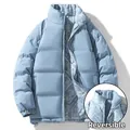 Men's reversible light blue stand collar puffer jacket with white paisley pattern lining - M / Fog Blue