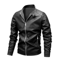 Men's slim fit black PU leather biker jacket with stand collar and quilted shoulders - M / Black