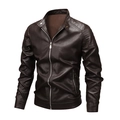 Slim fit dark brown faux leather biker jacket for men with quilted shoulders and stand collar - M / Coffee