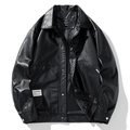 Men's black faux leather jacket with fleece lining and unique cleaner patch detail - M / Standard / Black