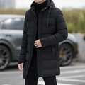 Men's black mid-length hooded puffer coat with horizontal quilting for winter warmth - M / Black