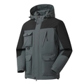 Outdoor waterproof hooded windbreaker jacket for men with grey and black patchwork design - S / Anthracite