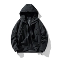 Men's black hooded windbreaker jacket with tactical pockets and adjustable drawstring hem - S / Black
