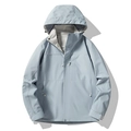 Light blue windproof outdoor jacket for couples with adjustable hood and multiple pockets - Women's Ether Blue