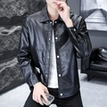 Chaqueta de motorista negra para hombre en piel sintética con cuello y botones plateados - M / Estándar / Negro