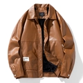 Chaqueta de cuero PU para hombre en marrón oscuro con forro polar y cuello de solapa - M / Estilo con Forro de Felpa / Amarillo Tierra