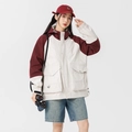 Men's outdoor cargo windbreaker jacket in burgundy and cream white color-block design - M / Khaki