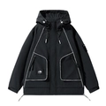Men's black hooded outdoor jacket with white contrast piping and large side pockets - S / Black