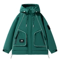 Deep green waterproof hooded windbreaker jacket with white contrast stitching details - S / Phantom Green