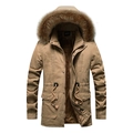 Parka invernale da uomo kaki con fodera in pile, cappuccio in pelliccia e coulisse media - M / Cachi