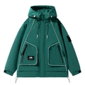 Dark green hooded outdoor jacket with white contrast stitching and waterproof fabric - S / Light Khaki