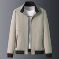 Men's casual khaki stand collar jacket with black ribbed trims and metal zipper details - M / Khaki