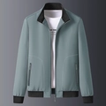 Men's casual jacket in grey-green with black ribbed stand collar and front zipper - M / Green