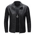 Slim fit black motorcycle leather jacket with stand collar and quilted shoulder details - M / Black