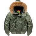 Herren MA1 Fliegerjacke in Olivgrün mit dickem Fellkapuze und orangefarbenem Futter - S / Armeegrün