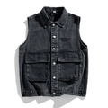Gilet di jeans nero lavato da uomo con ricamo alla moda e tasche cargo sul petto - M / Nero Denim