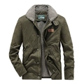 Men's olive green cotton canvas jacket with gray fleece lining and zipper closure - M / Army Green