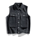 Japanese style washed black denim vest for men with utility pockets and metal buttons - M / Denim Black