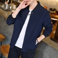 Men's navy blue bomber jacket with rib-knit cuffs and full zip closure in casual style - M / Dark Blue (6666)