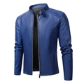 Chaqueta motera de cuero sintético azul para hombre con cuello alto y cremallera - M / Estilo Delgado / Azul