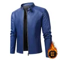 Chaqueta de cuero sintético azul real para hombre con cuello alto y forro polar - M / Forro de Lana / Azul