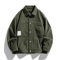 Deep green corduroy workwear jacket with classic white buttons and front patch pockets - M / Army Green