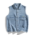 Flat lay of a light blue denim vest for men with cargo pockets and retro washed cotton fabric - M / Denim Blue