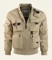 Front view of khaki tactical bomber jacket with multi-pocket design and rib-knit cuffs - M / Khaki