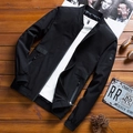 Men's black bomber jacket with star patch and ribbed cuffs on vintage wood background - M / Black (3288)