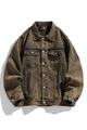 Men's retro brown-gray denim jacket with heavy wash finish and chest pockets - M / Khaki