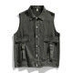 Mens dark grey washed denim vest with classic lapel collar and metal button front closure - M / Grey Green