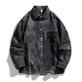 Camisa vaquera de hombre en gris oscuro lavado de manga larga con bolsillos dobles - M / Negro Denim