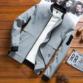Men's light grey bomber jacket with black ribbed cuffs laid on wooden floor - M / Gray (3281)