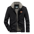 Men's winter thick black cotton jacket with warm grey fleece collar and inner lining - M / Black