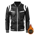 Men's black PU leather baseball jacket with white contrast sleeves and fleece lining - S / Black & White