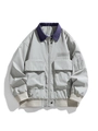 Men's light gray color-block work jacket with dark blue collar and large cargo pockets - M / Silver Gray Green