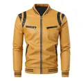 Men's ginger yellow PU leather bomber jacket with warm fleece lining and black accents - S / Yellow & Black