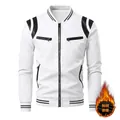 Men's white PU leather bomber jacket with fleece lining and striped ribbed trim - S / White with Black